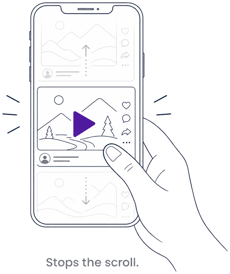 A hand stopping on a video while scrolling a phone feed