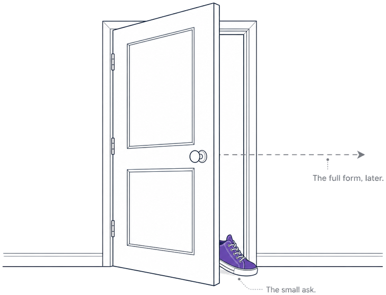 An open door illustrating a small first step before the full form